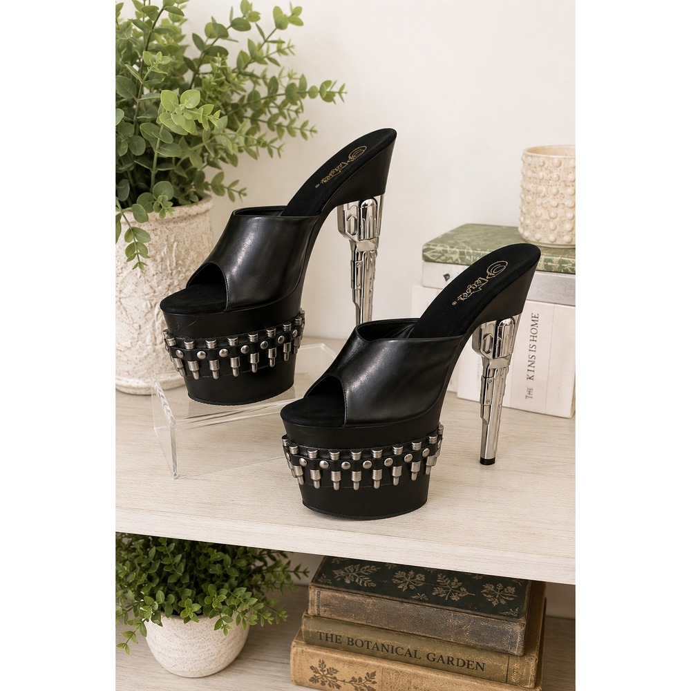 Pleaser Bondgirl 701-3 Platform Sandals Gun Heel Bullet Stud Black Vegan Est 8